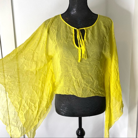 Yellow Silk Sheer Flare Sleeve Swim Coverup - Picture 2 of 13